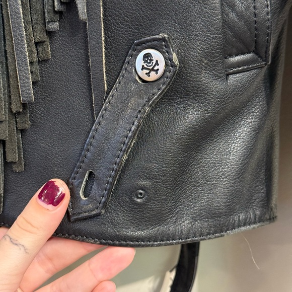 Verducci size 38 black leather fringe moto jacket skull buttons - Picture 15 of 15